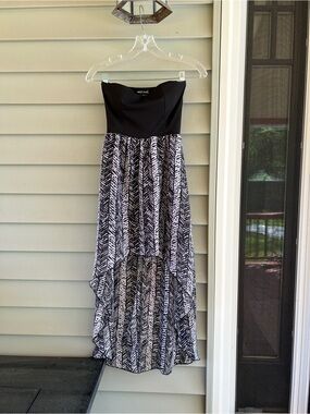 Wet Seal Black Strapless High-Low Dress with Monochrome Print Skirt